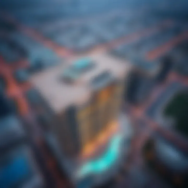 Aerial View of Al Razooqi Building in Dubai Aerial view of Dubai featuring the Al Razooqi Building.