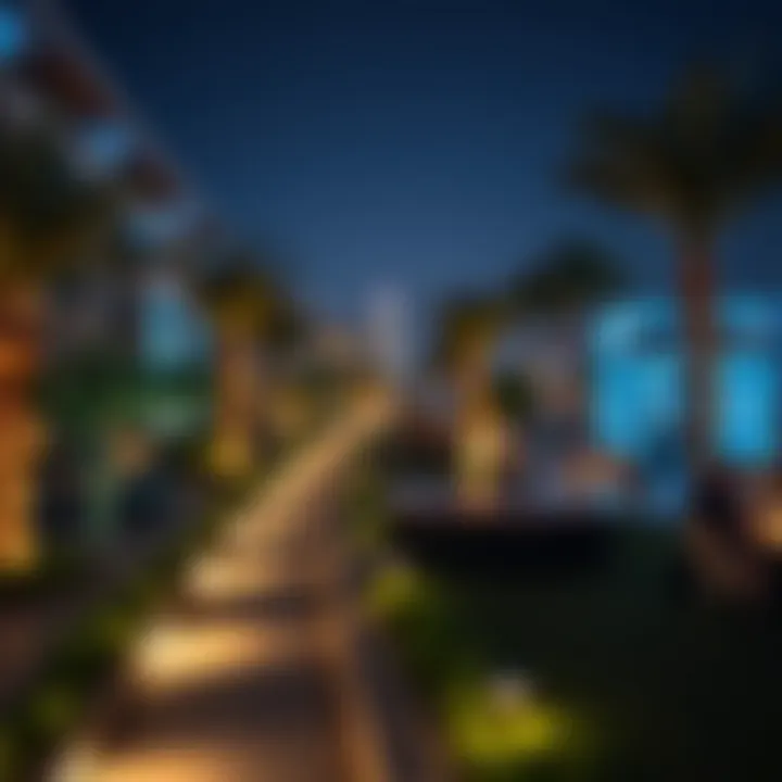 Evening Ambiance of Al Wasl Box Park An evening scene at Al Wasl Box Park with illuminated pathways and social spaces.