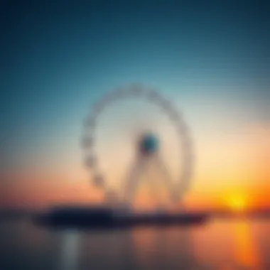The iconic Ferris wheel on Blue Water Island against a sunset backdrop