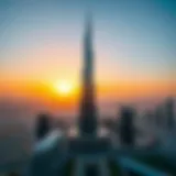 A breathtaking view of Burj Khalifa against the sunset