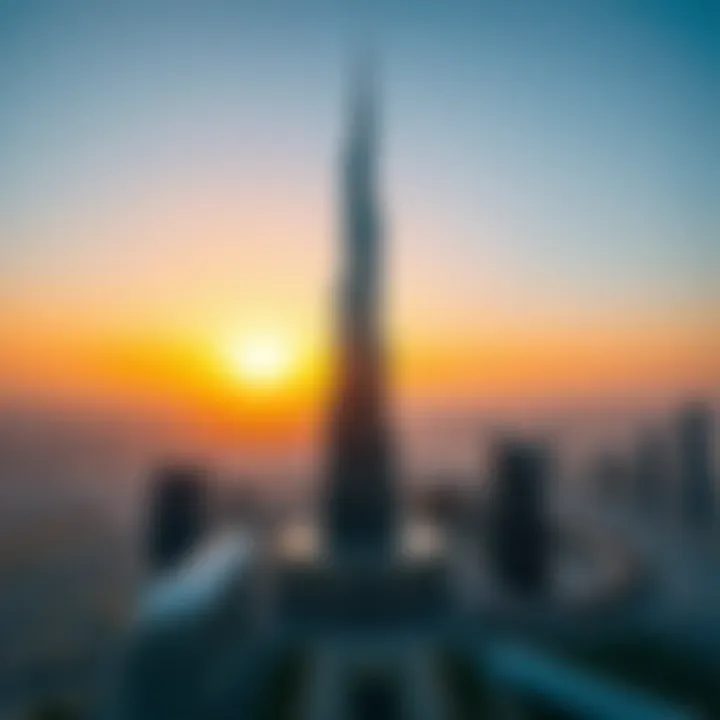 A breathtaking view of Burj Khalifa against the sunset