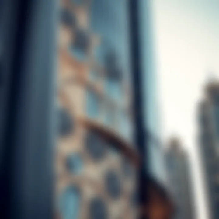 A close-up of intricate facade designs on a modern Dubai skyscraper