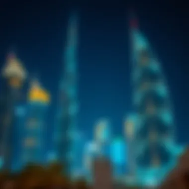 Night view of Dubai's high-rise buildings illuminated against the starry sky