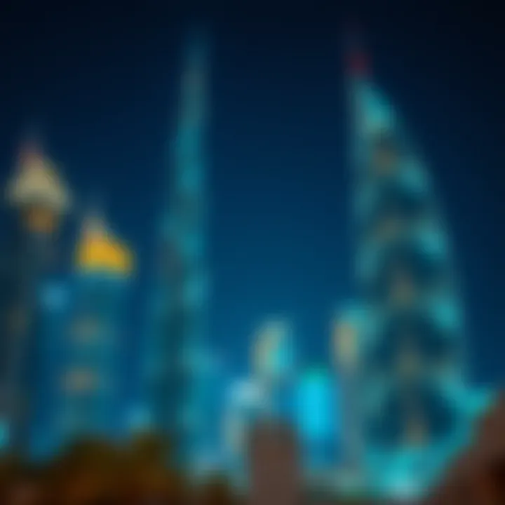 Night view of Dubai's high-rise buildings illuminated against the starry sky