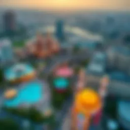 A stunning aerial view of DubiLand showcasing its vibrant attractions and architectural marvels