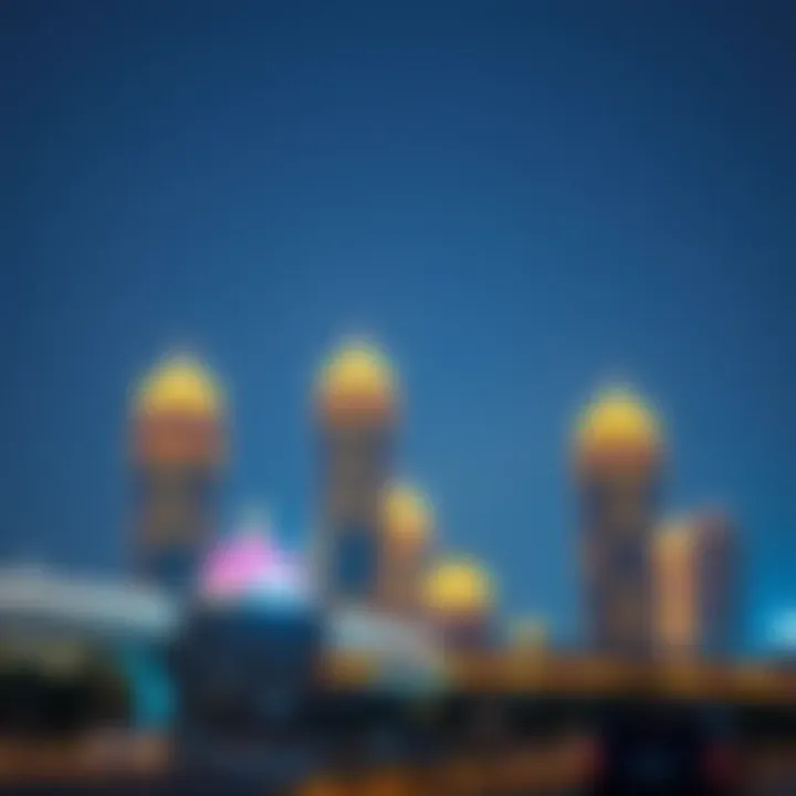 Evening skyline of Dubai highlighting dome towers illuminated