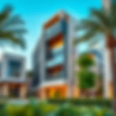 Modern Architecture in Gate Al Quoz Modern architectural designs of buildings in Gate Al Quoz with greenery.
