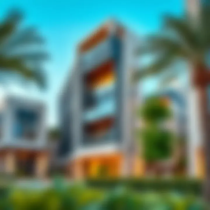 Modern Architecture in Gate Al Quoz Modern architectural designs of buildings in Gate Al Quoz with greenery.