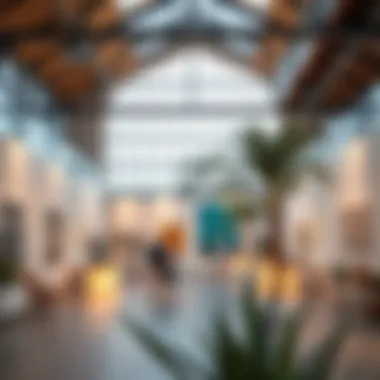 A serene cultural hub featuring art installations and galleries