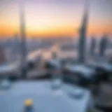 Panoramic view of Dubai skyline from a rooftop restaurant