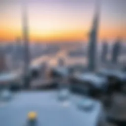 Panoramic view of Dubai skyline from a rooftop restaurant