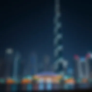 Illuminated 51 Tower at Night Night view of 51 Tower illuminated against Dubai's skyline