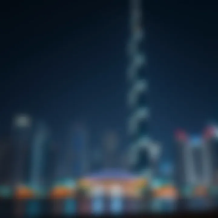 Illuminated 51 Tower at Night Night view of 51 Tower illuminated against Dubai's skyline