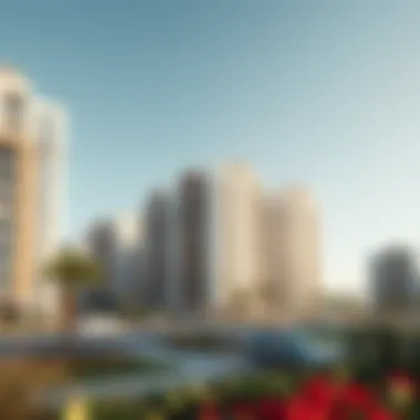 Modern residential buildings in Flora Al Warqa highlighted by urban landscaping