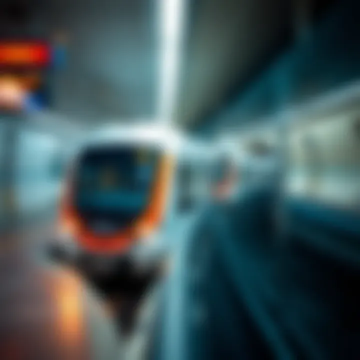 Dubai Metro Train in Motion A modern Dubai Metro train approaching a station