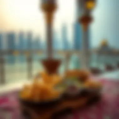 Traditional iftar meal set against a backdrop of Dubai's architecture