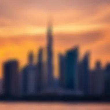 Dubai skyline at sunset with modern architecture