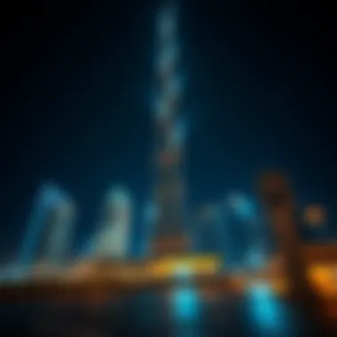 Sheikh Mohammed bin Rashid Tower at Night Nighttime illumination of Sheikh Mohammed bin Rashid Tower, illuminating the skyline of Dubai.