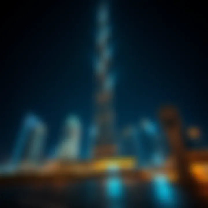 Sheikh Mohammed bin Rashid Tower at Night Nighttime illumination of Sheikh Mohammed bin Rashid Tower, illuminating the skyline of Dubai.