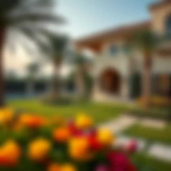 Tranquil Landscaping of Dubai's Opulent Residence Beautifully landscaped outdoor area emphasizing luxury and tranquility.