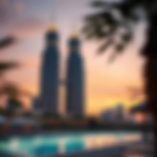 Stunning view of Twin Towers in Al Barsha with sunset backdrop