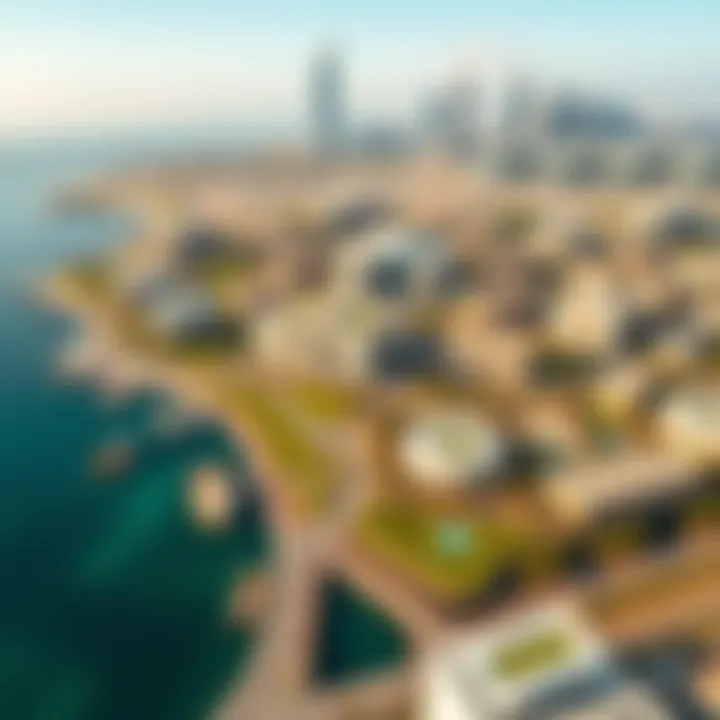 Aerial Perspective of Eco-Friendly Development Aerial view of Yas Island showcasing green spaces and sustainable architecture