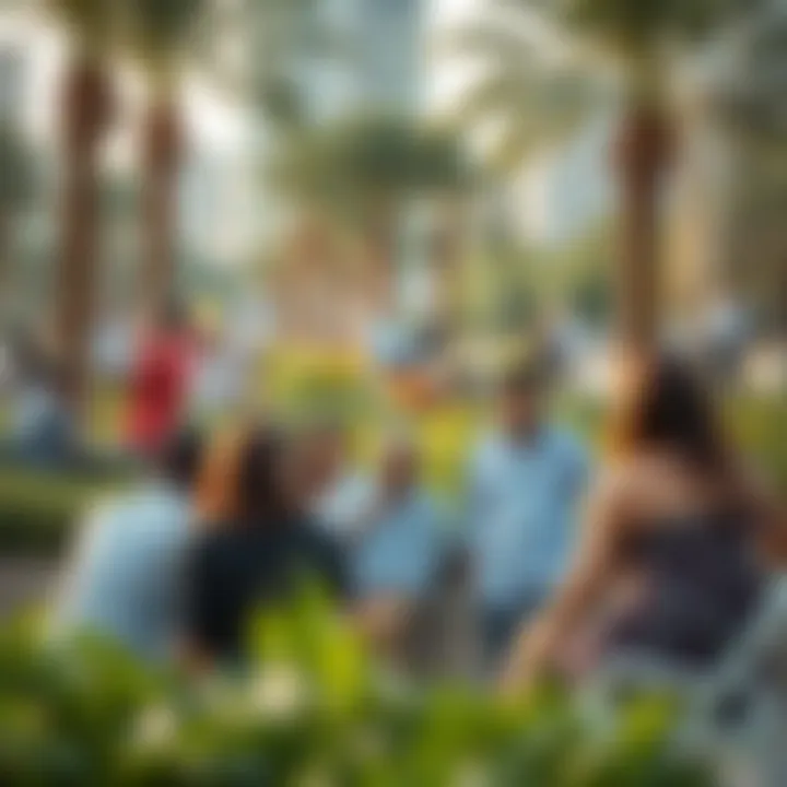 Community Engagement in Green Spaces Community gathering in a sustainable park on Yas Island